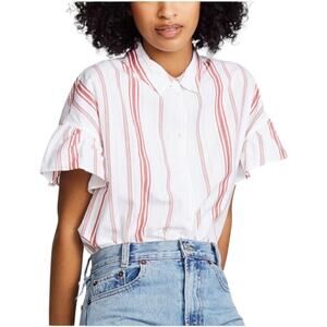 Madewell Central Ruffle Sleeve Red White Button Up Shirt S